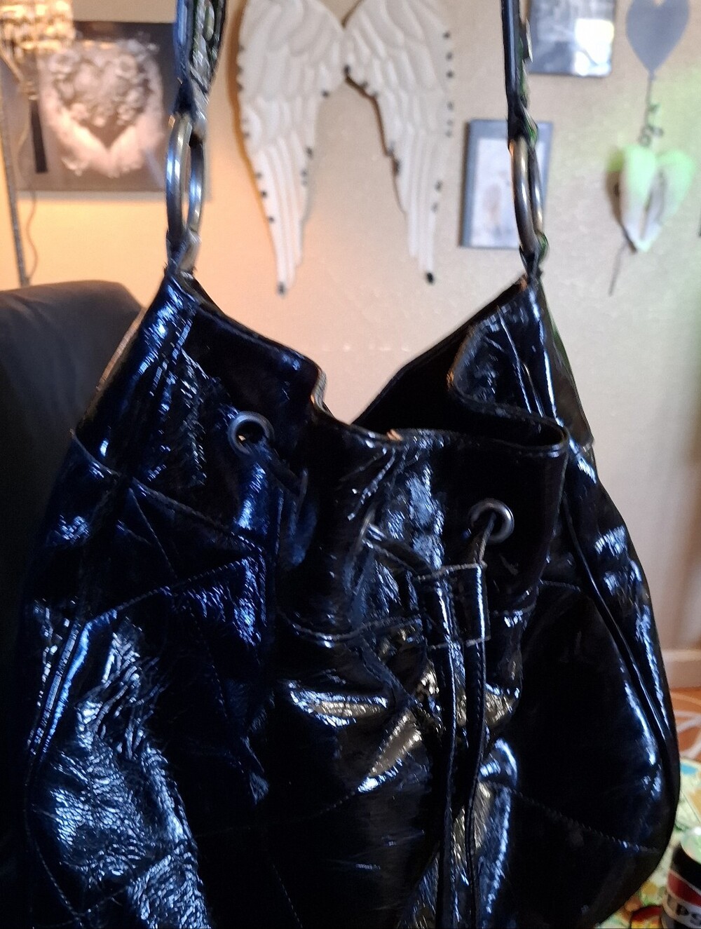 Black Patent Drawstring Vera Wang In New Condition Shoulder Bag
